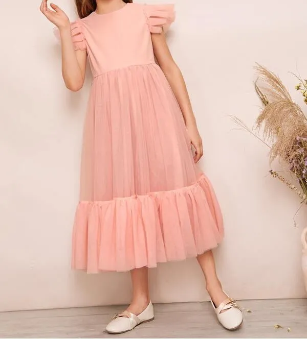 Girls Butterfly Sleeve Ruffle Hem Mesh Dress