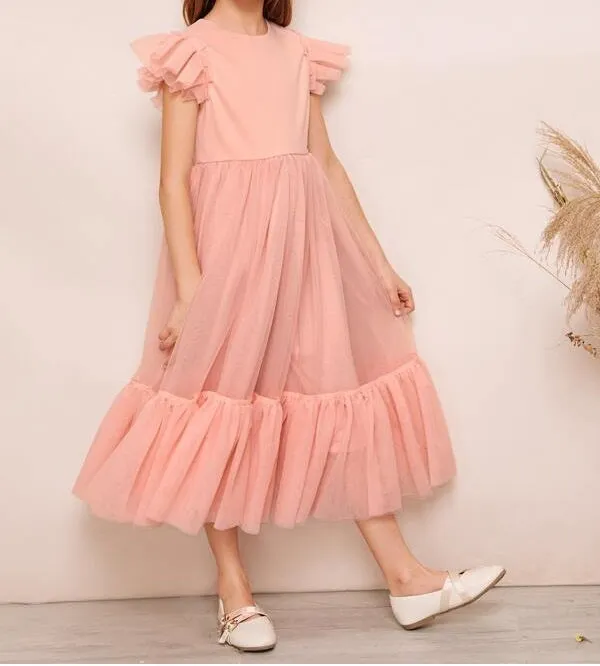 Girls Butterfly Sleeve Ruffle Hem Mesh Dress