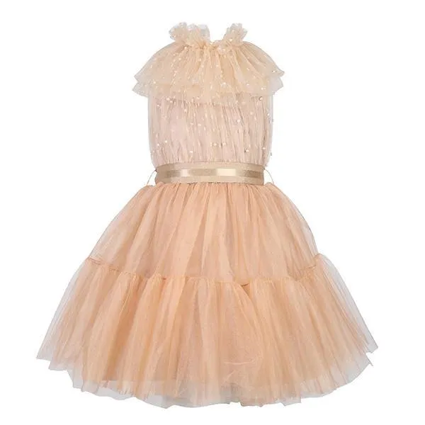 GIRLS PARTY DRESS WITH PEARL DETAIL - GOLD