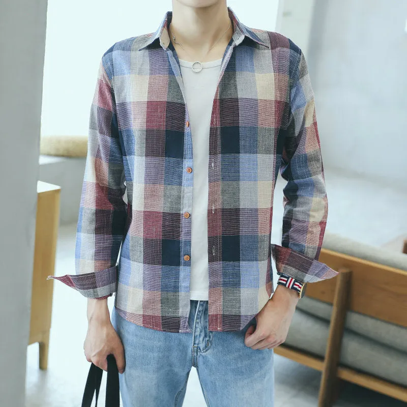 Gradient Chequered Shirt Men Long Sleeved Korean Trendy Stylish Casual Couple Slim Look Men Shirt