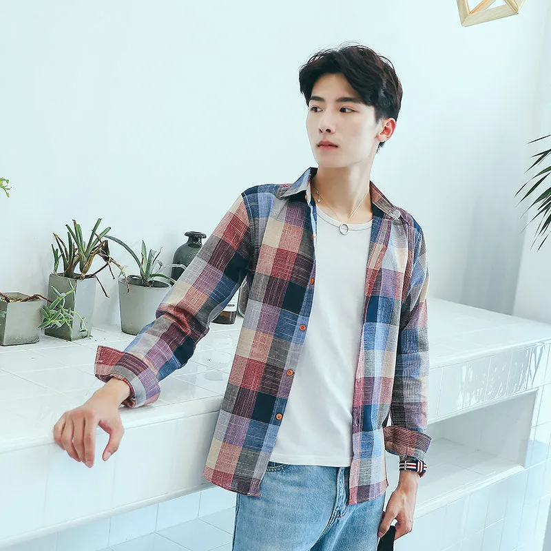 Gradient Chequered Shirt Men Long Sleeved Korean Trendy Stylish Casual Couple Slim Look Men Shirt