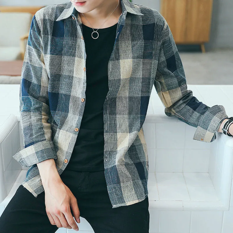 Gradient Chequered Shirt Men Long Sleeved Korean Trendy Stylish Casual Couple Slim Look Men Shirt