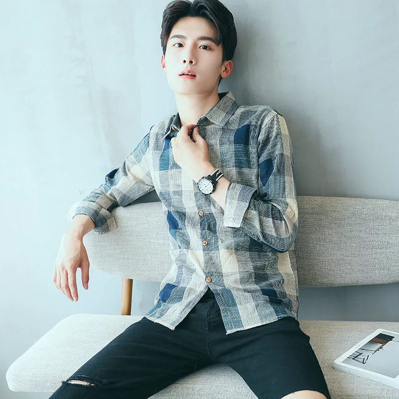 Gradient Chequered Shirt Men Long Sleeved Korean Trendy Stylish Casual Couple Slim Look Men Shirt