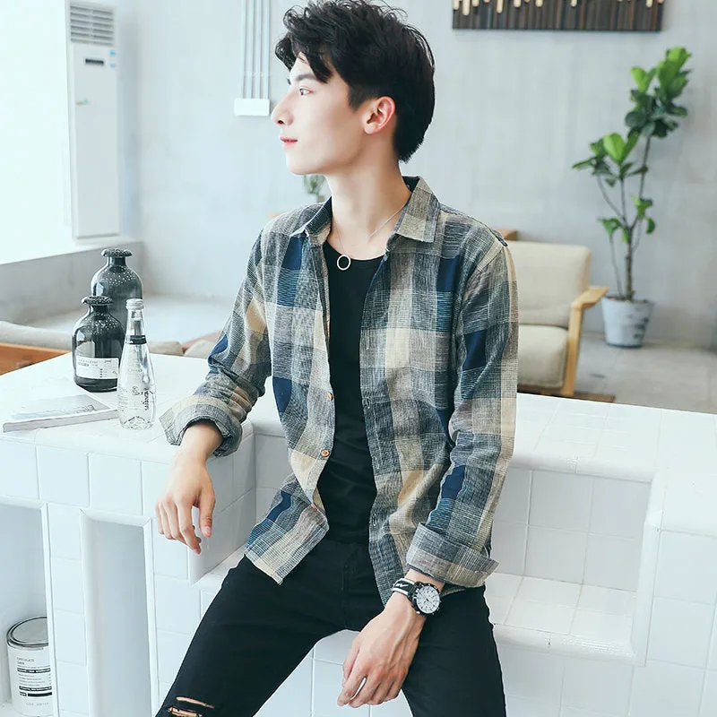 Gradient Chequered Shirt Men Long Sleeved Korean Trendy Stylish Casual Couple Slim Look Men Shirt