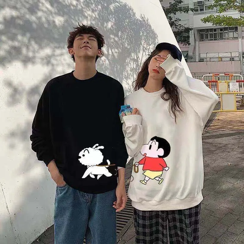 Japanese Adorable Crayon Shin Loose Round-Neck Casual Thin Sweatshirt Couple Tops Outerwear