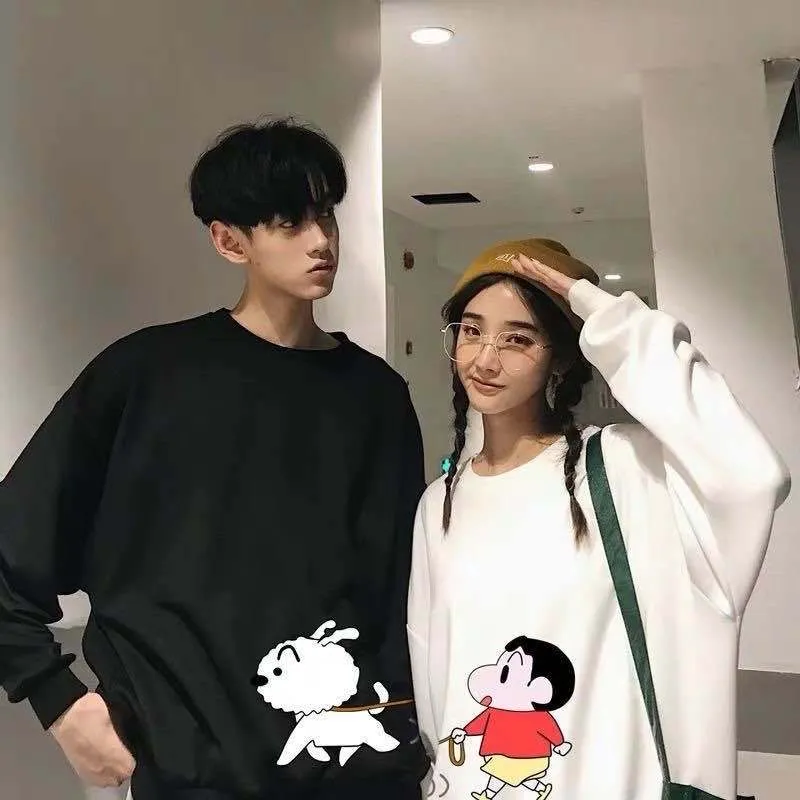 Japanese Adorable Crayon Shin Loose Round-Neck Casual Thin Sweatshirt Couple Tops Outerwear