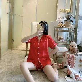 Korean ins Summer Thin Solid Colored Lapel Cardigan Women Pajamas Shorts Sets Outdoor Sleepwear