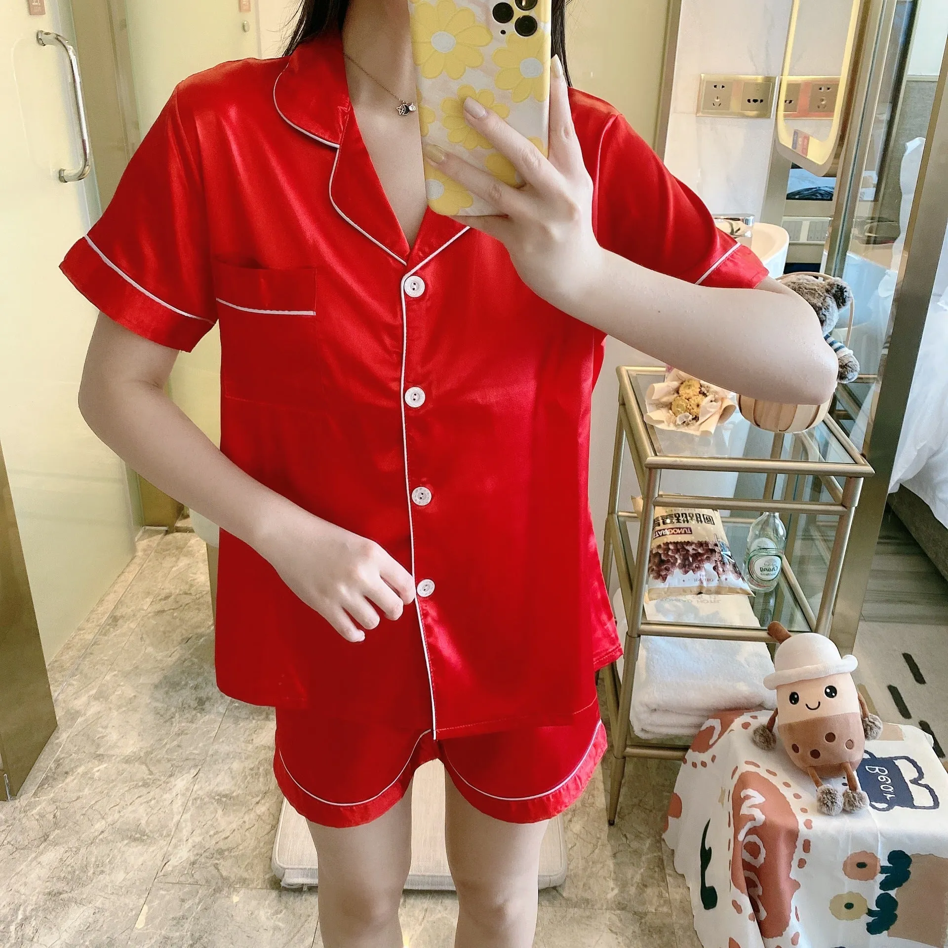 Korean ins Summer Thin Solid Colored Lapel Cardigan Women Pajamas Shorts Sets Outdoor Sleepwear