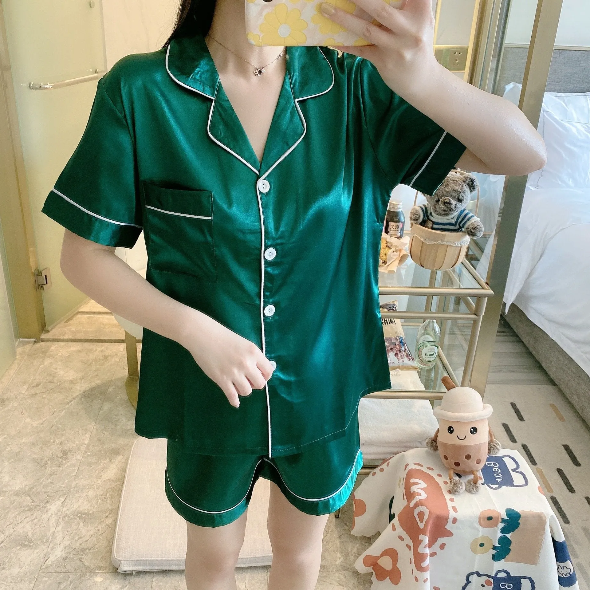 Korean ins Summer Thin Solid Colored Lapel Cardigan Women Pajamas Shorts Sets Outdoor Sleepwear