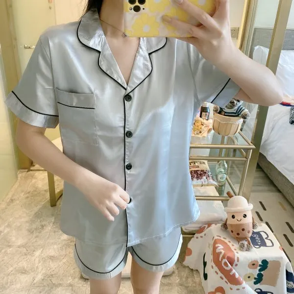 Korean ins Summer Thin Solid Colored Lapel Cardigan Women Pajamas Shorts Sets Outdoor Sleepwear