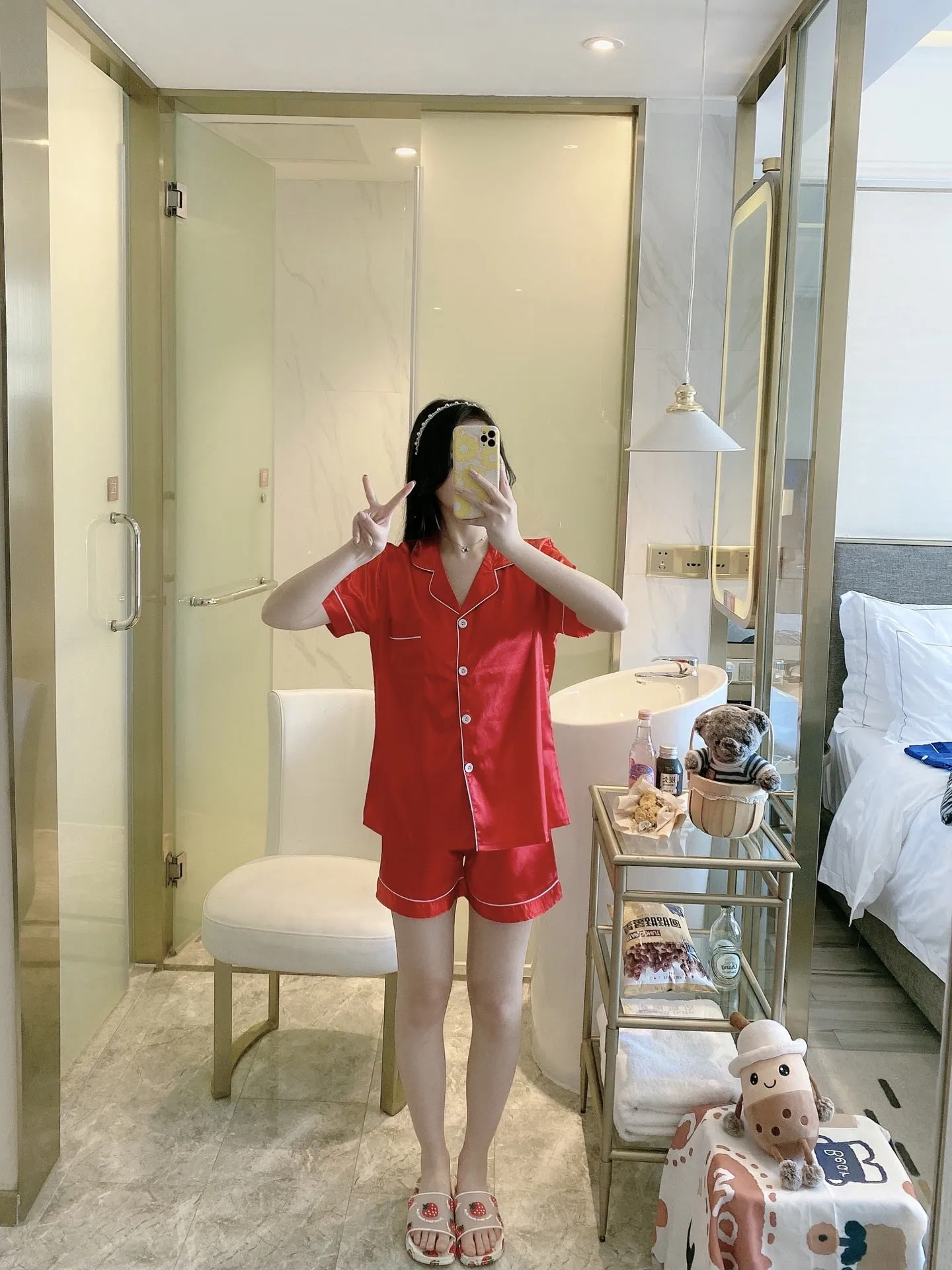 Korean ins Summer Thin Solid Colored Lapel Cardigan Women Pajamas Shorts Sets Outdoor Sleepwear