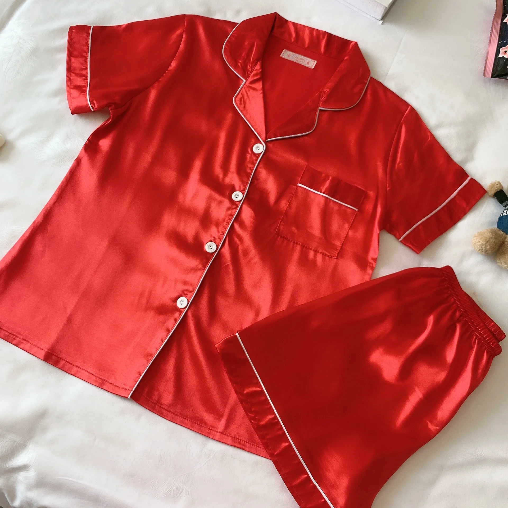 Korean ins Summer Thin Solid Colored Lapel Cardigan Women Pajamas Shorts Sets Outdoor Sleepwear