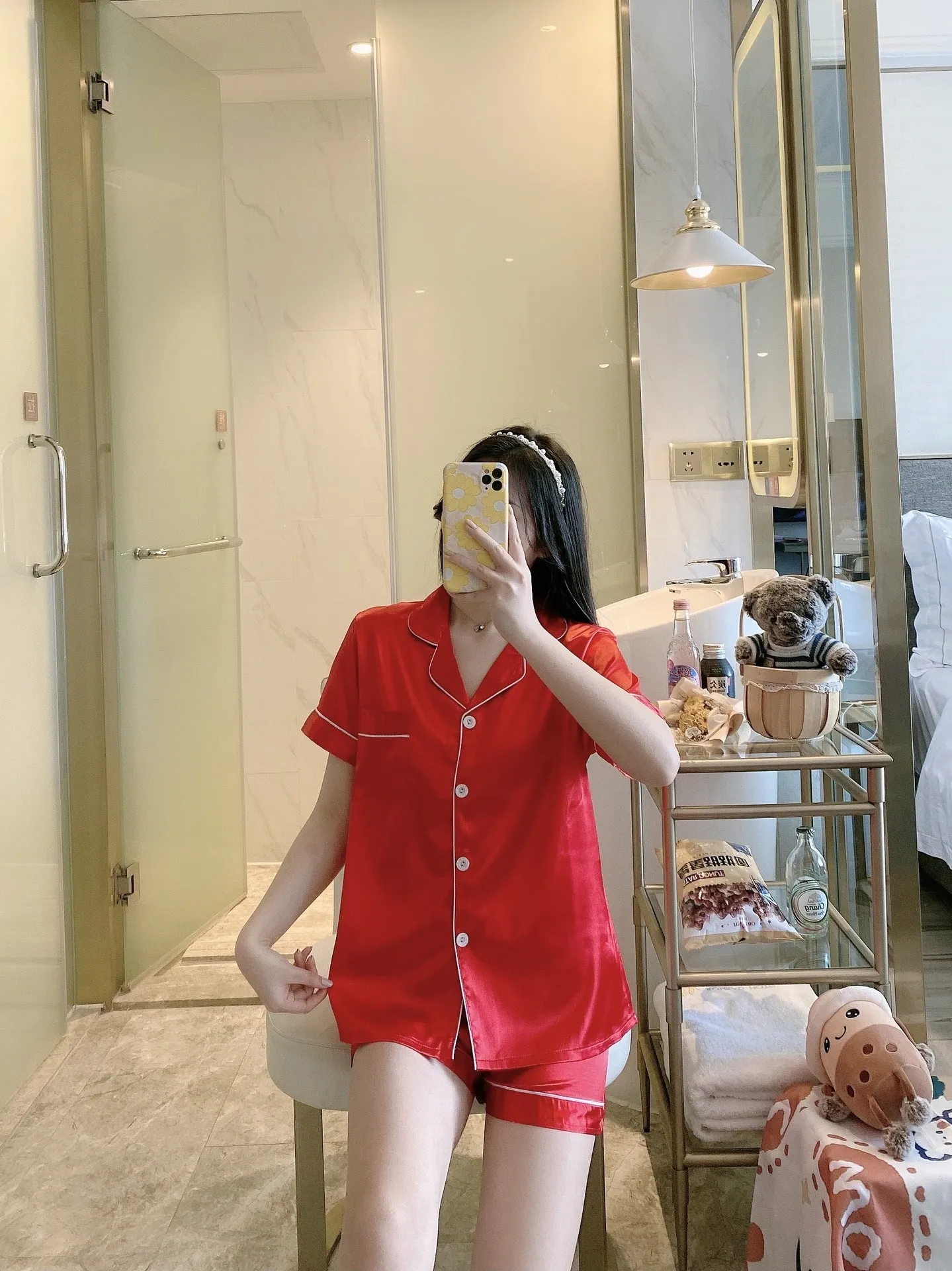 Korean ins Summer Thin Solid Colored Lapel Cardigan Women Pajamas Shorts Sets Outdoor Sleepwear