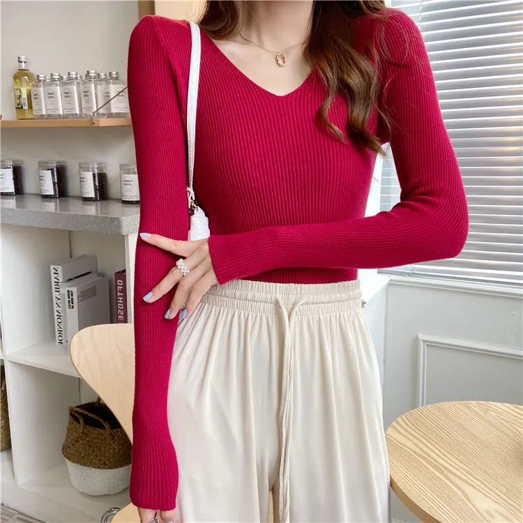 Korean Slim Look V-Neck Matching Pullover Solid Colored Casual All-Matching Sweater Women Outerwear