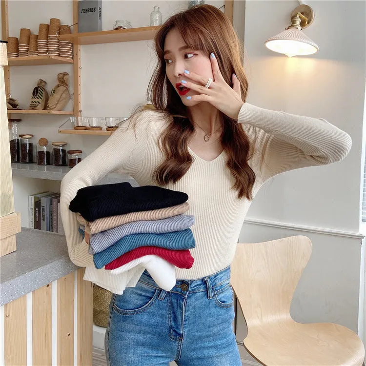 Korean Slim Look V-Neck Matching Pullover Solid Colored Casual All-Matching Sweater Women Outerwear