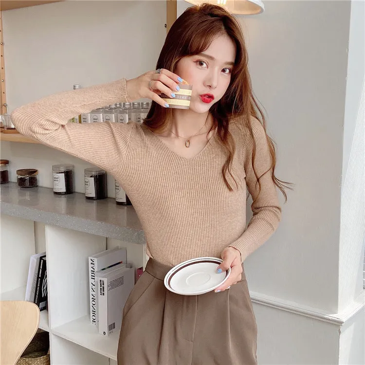 Korean Slim Look V-Neck Matching Pullover Solid Colored Casual All-Matching Sweater Women Outerwear