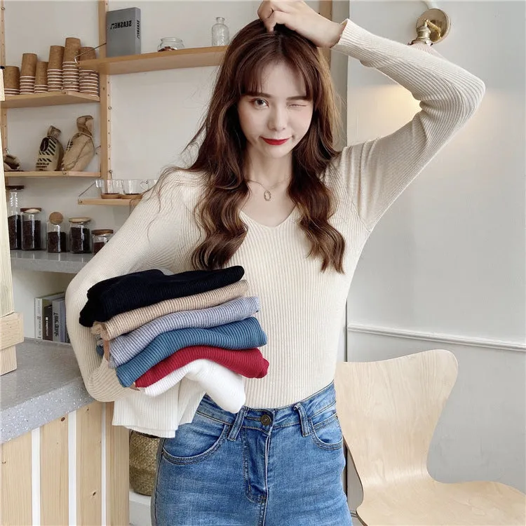 Korean Slim Look V-Neck Matching Pullover Solid Colored Casual All-Matching Sweater Women Outerwear