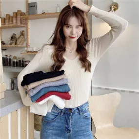 Korean Slim Look V-Neck Matching Pullover Solid Colored Casual All-Matching Sweater Women Outerwear