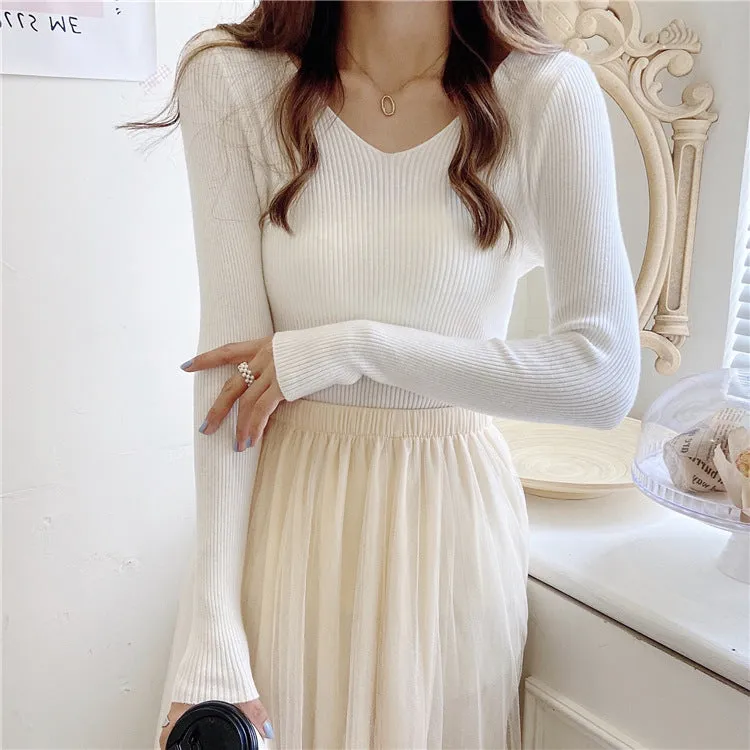 Korean Slim Look V-Neck Matching Pullover Solid Colored Casual All-Matching Sweater Women Outerwear