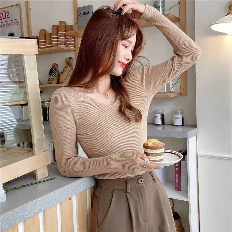 Korean Slim Look V-Neck Matching Pullover Solid Colored Casual All-Matching Sweater Women Outerwear