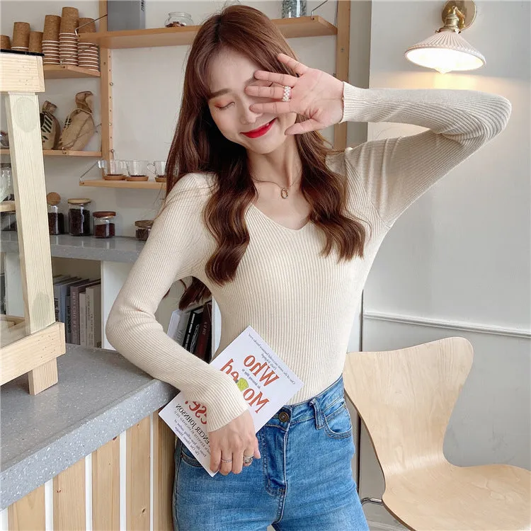 Korean Slim Look V-Neck Matching Pullover Solid Colored Casual All-Matching Sweater Women Outerwear