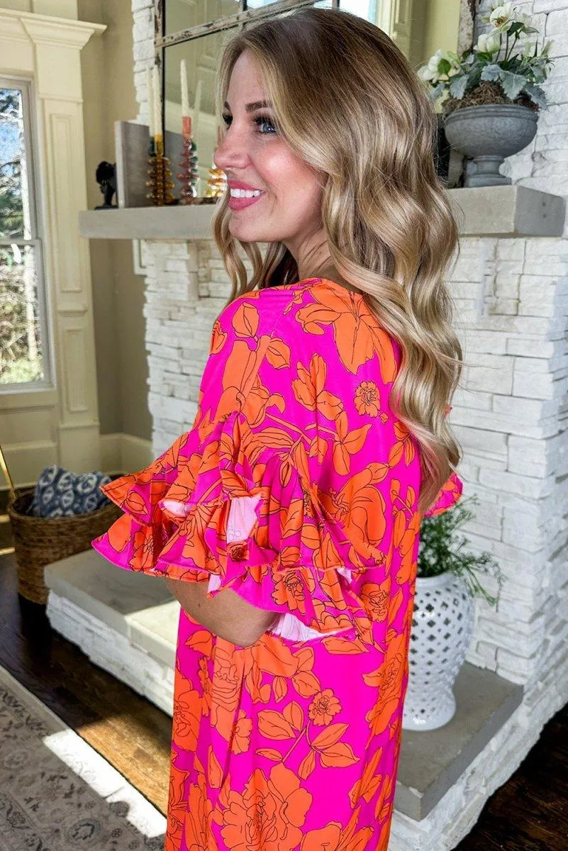 Lauren Pink and Orange Floral Ruffled Dress