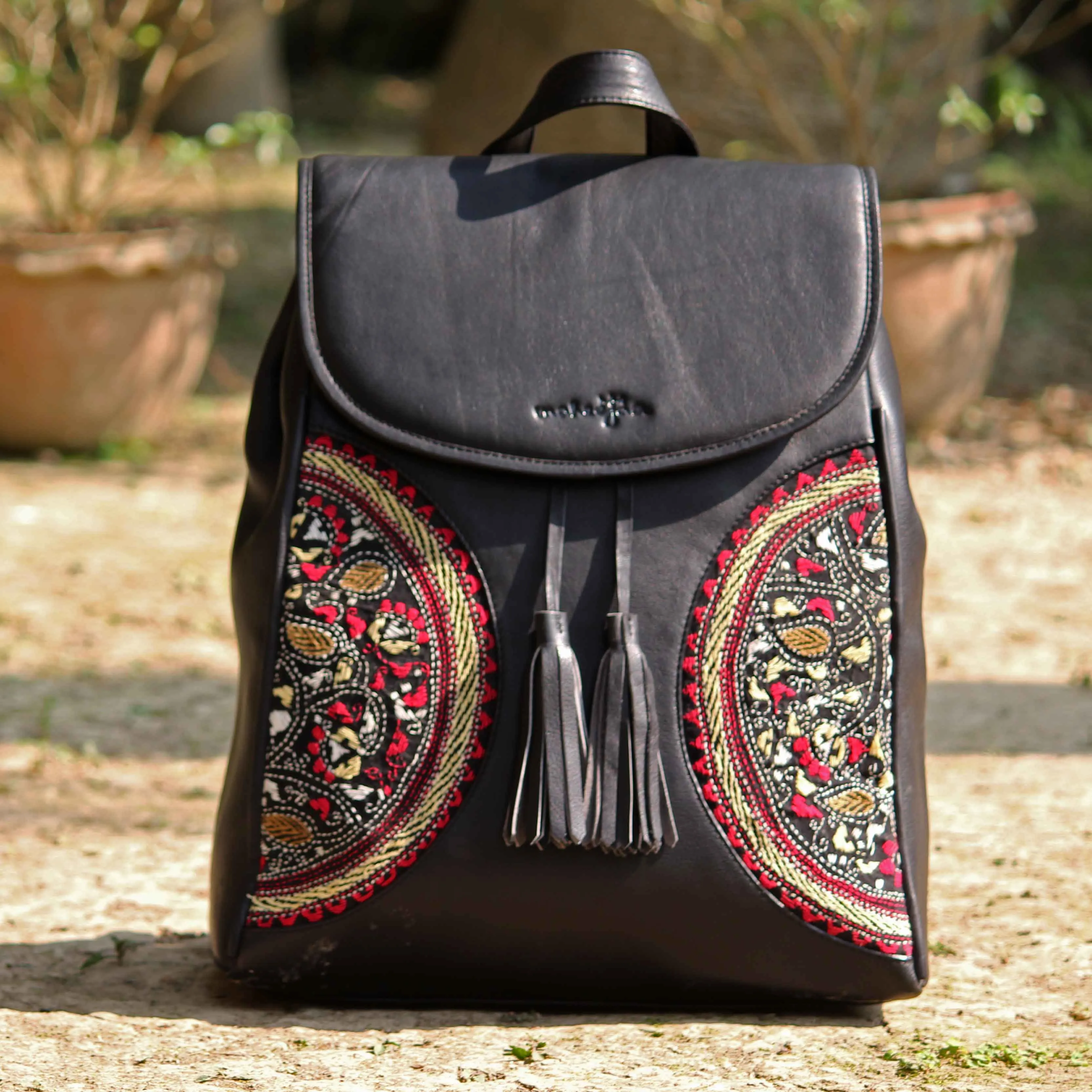 Leather Embroidery Semi-Chakras Backpack - Soft Black