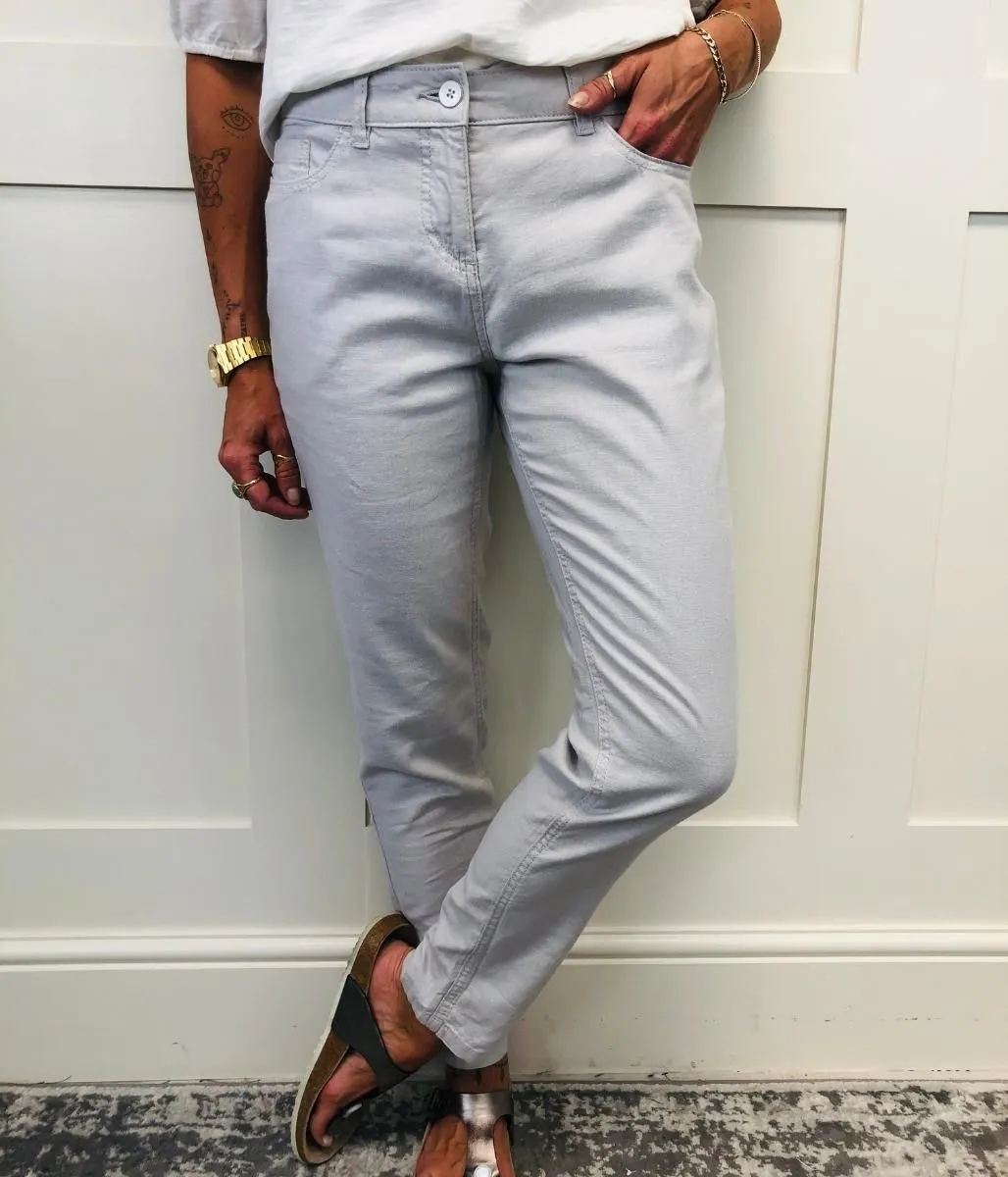 Light Grey Linen Blend Tapered Trousers