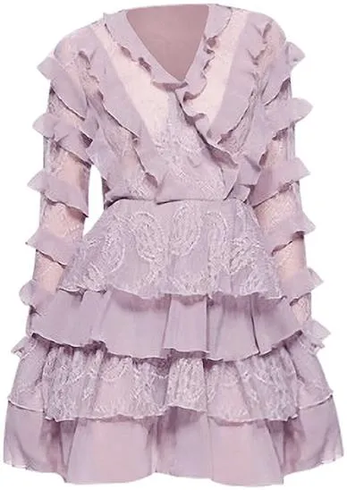 Lilac Ruffled Lace Panel Mini Dress