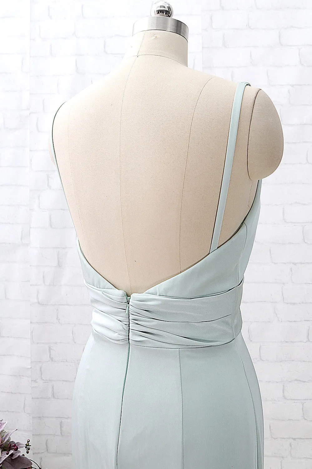 MACloth Mermaid Straps V Neck Crepe Pastel Green Formal Evening Gown Bridesmaid Dress