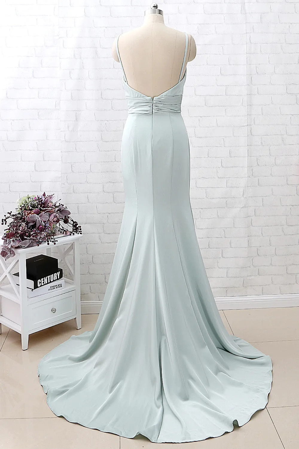 MACloth Mermaid Straps V Neck Crepe Pastel Green Formal Evening Gown Bridesmaid Dress