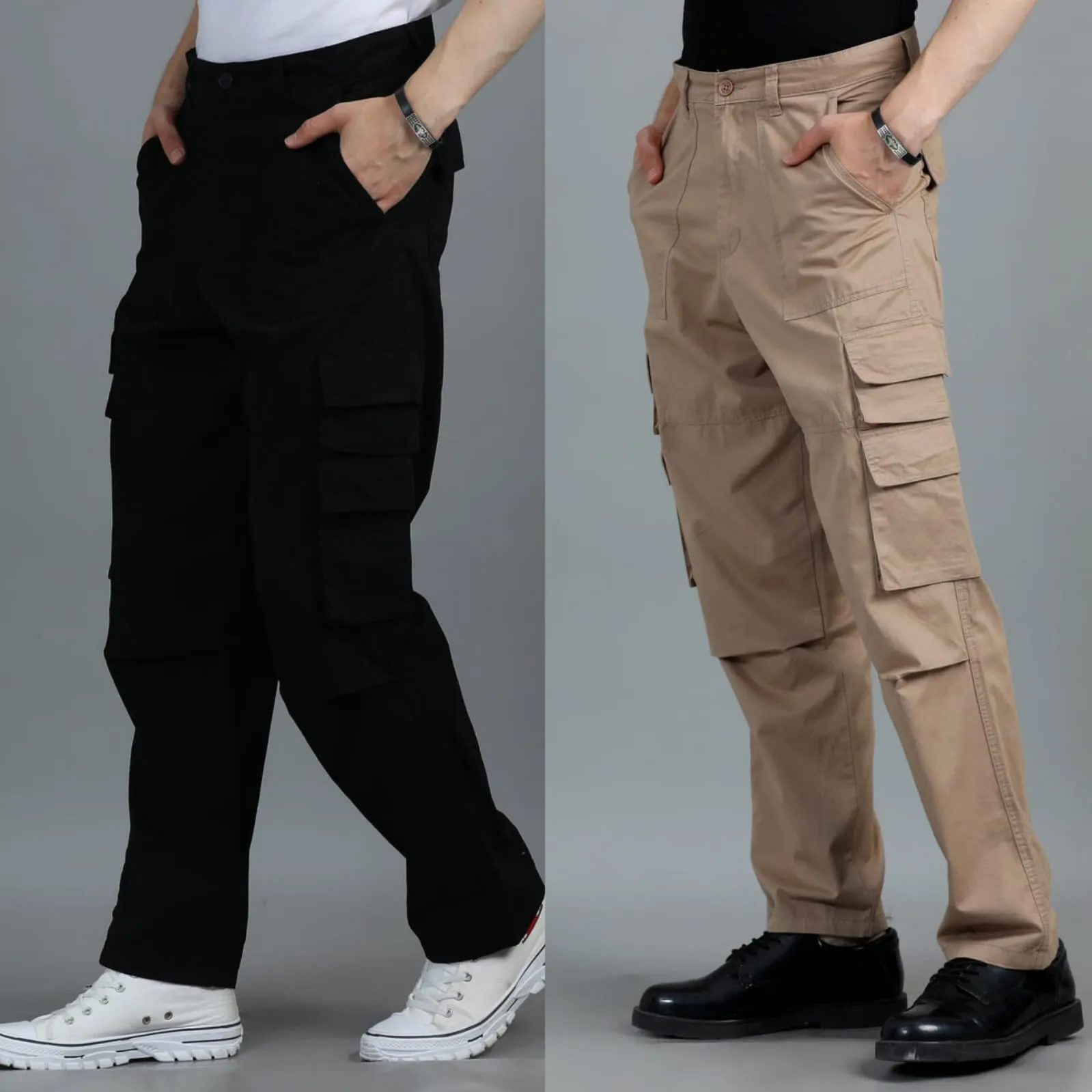 Men 2 Cotton Relaxed Fit Cargo Trousers, Black Khakhi