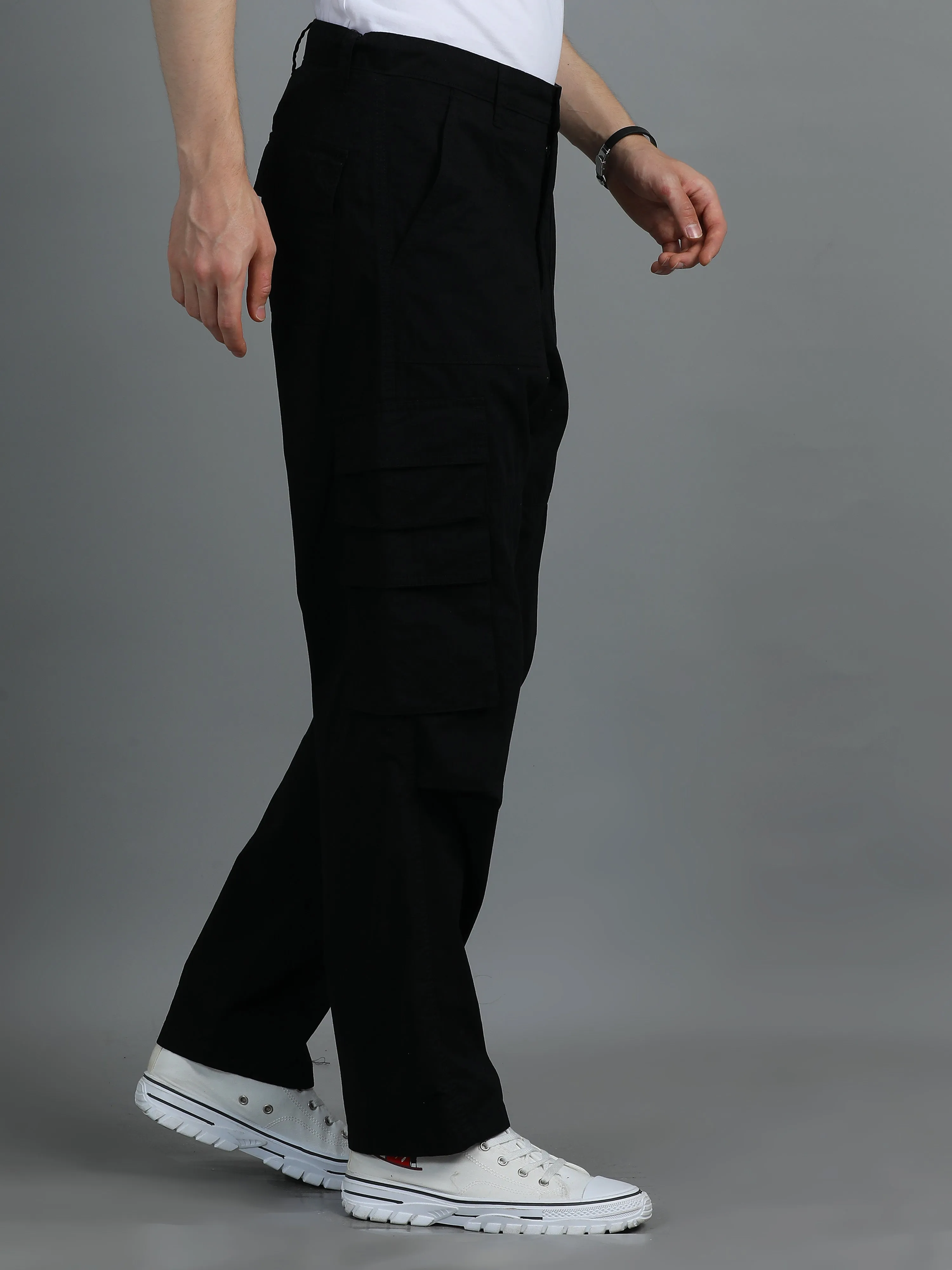 Men 2 Cotton Relaxed Fit Cargo Trousers, Black Khakhi