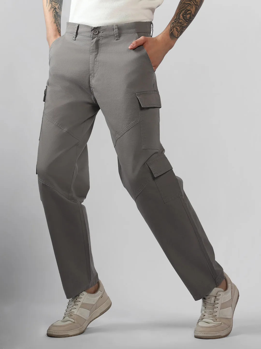 Men's Light Grey Solid Relaxed Fit Cargos