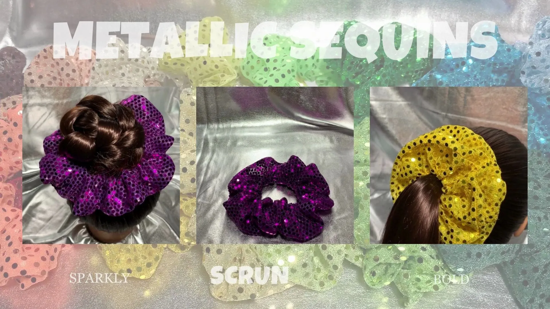 Metallic Sequin Scrunchies Available in 3 Sizes Light Gold