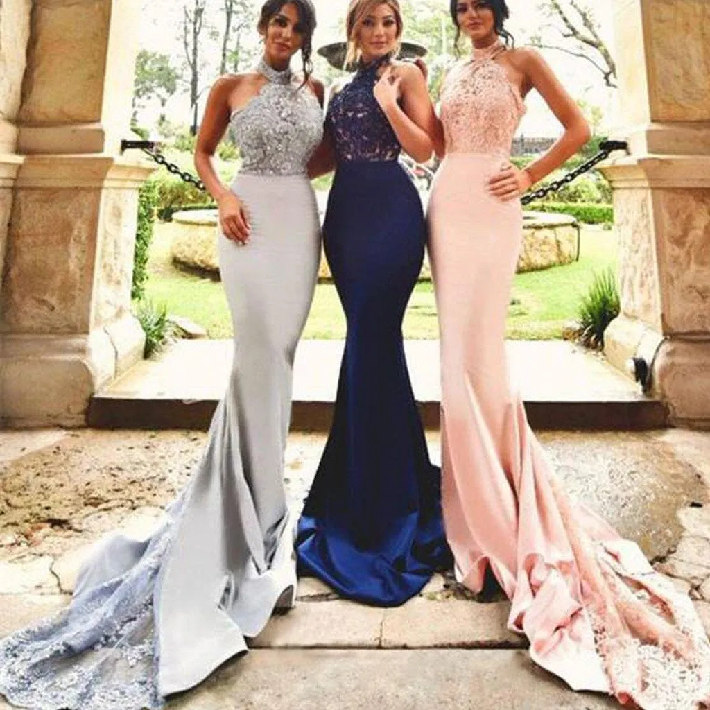 Mismatched Halter Lace Top Mermaid Slim Bridesmaid Dresses with Chapel Train