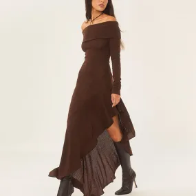 Off-shoulder irregular ruffled slim long dress