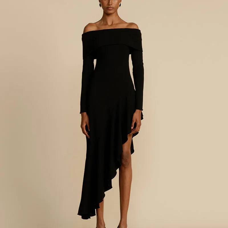 Off-shoulder irregular ruffled slim long dress