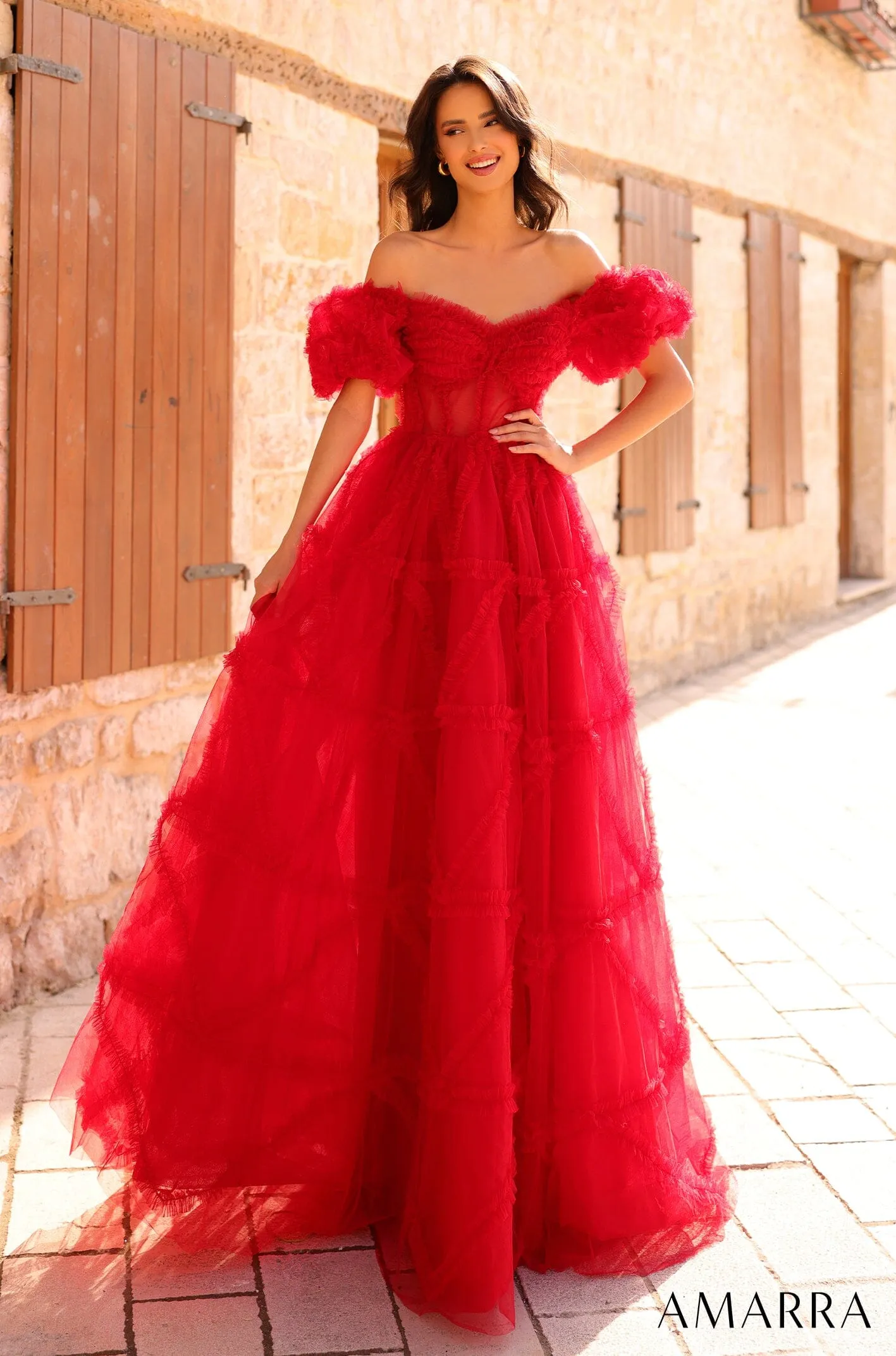 Off Shoulder Ruffled Tulle Ball Gown by Amarra 94002