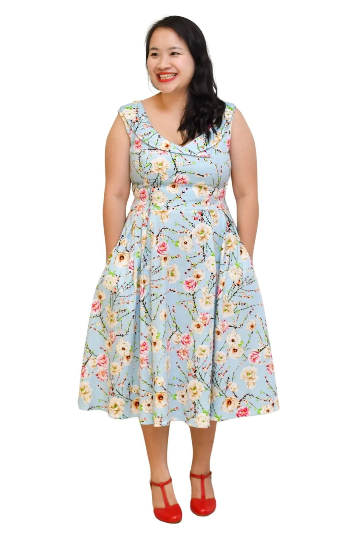 Pastel Blue Magnolia Cross Neck A Line Dress with Pockets