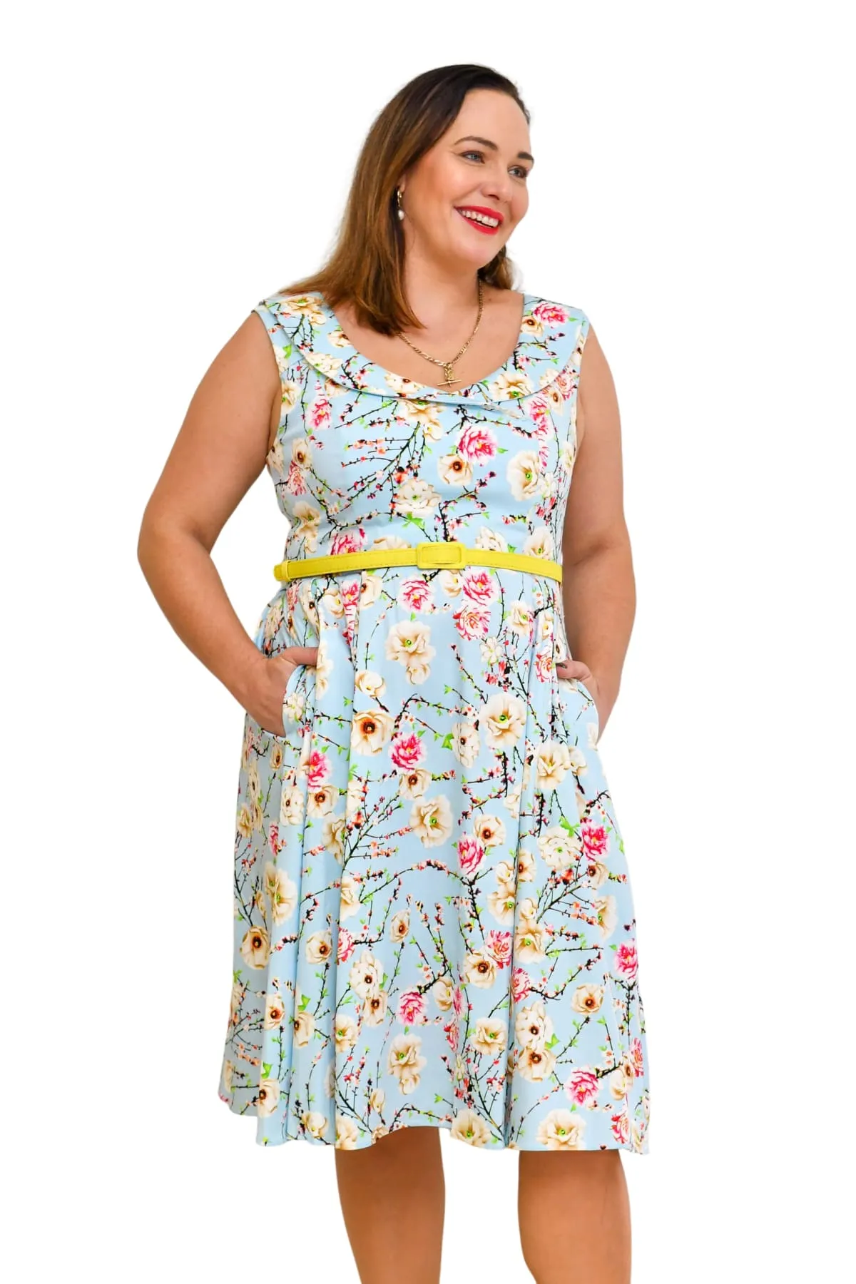 Pastel Blue Magnolia Cross Neck A Line Dress with Pockets