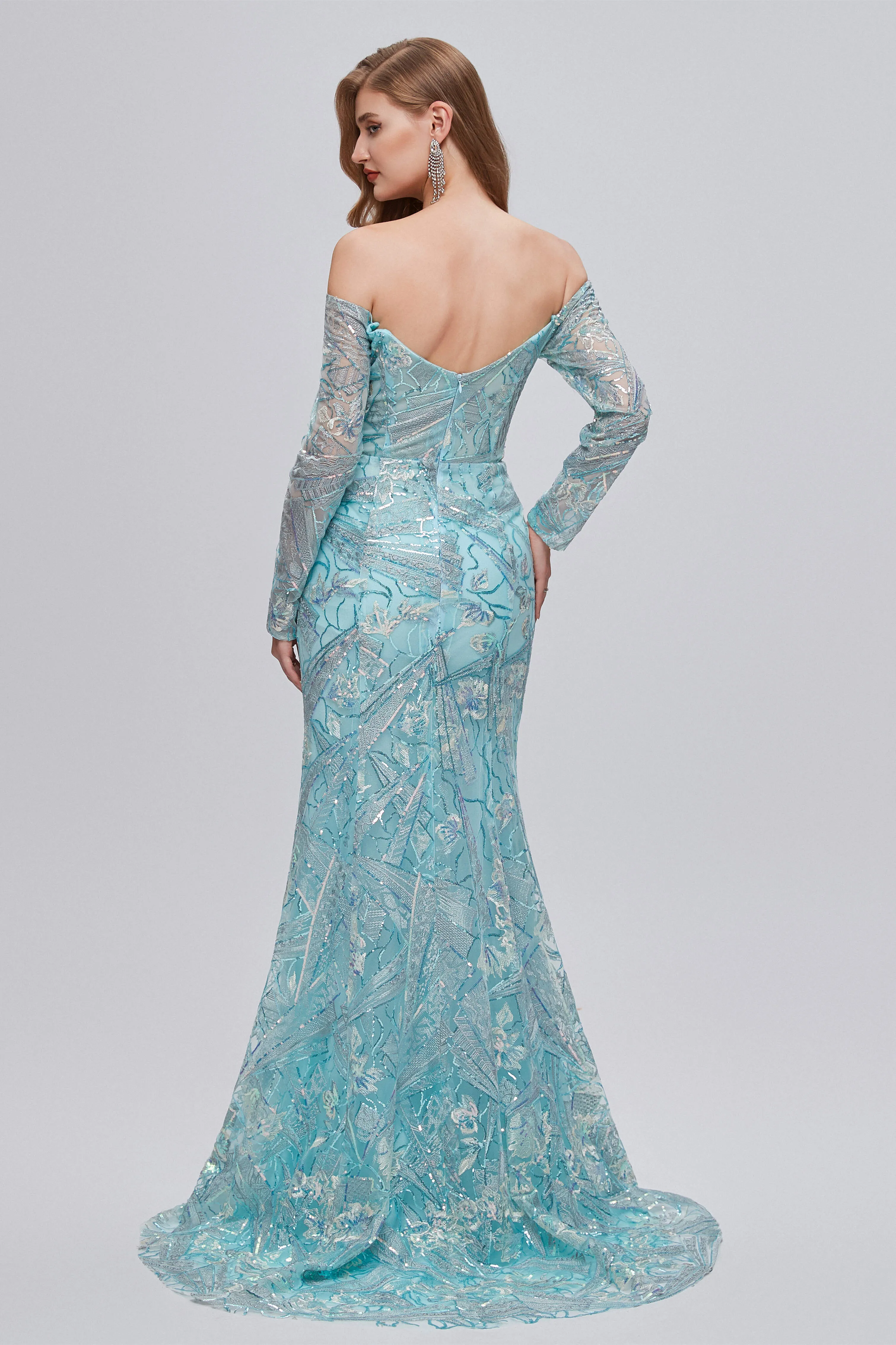 Pastel Blue Sparkly Embroidery Long Sleeve Mermaid Evening Dresses