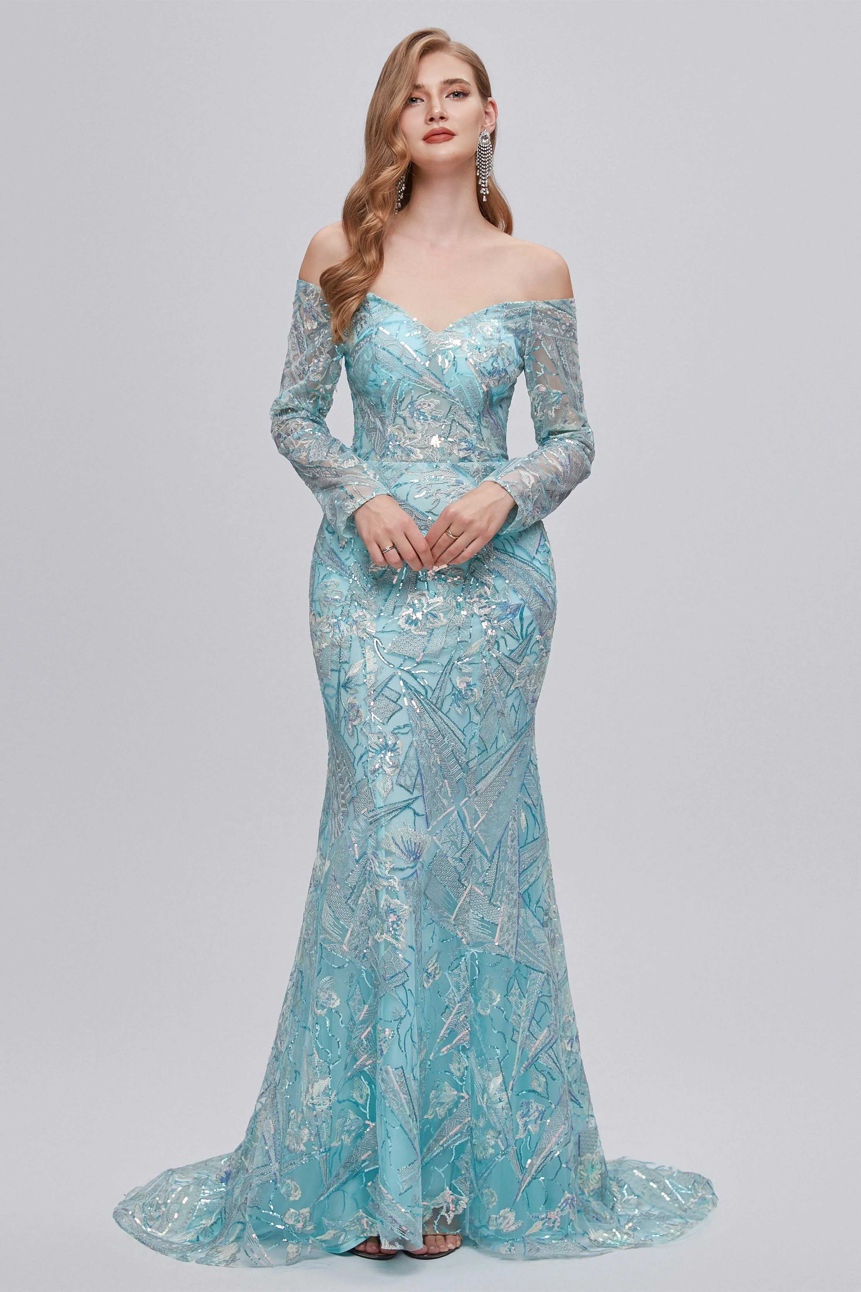 Pastel Blue Sparkly Embroidery Long Sleeve Mermaid Evening Dresses