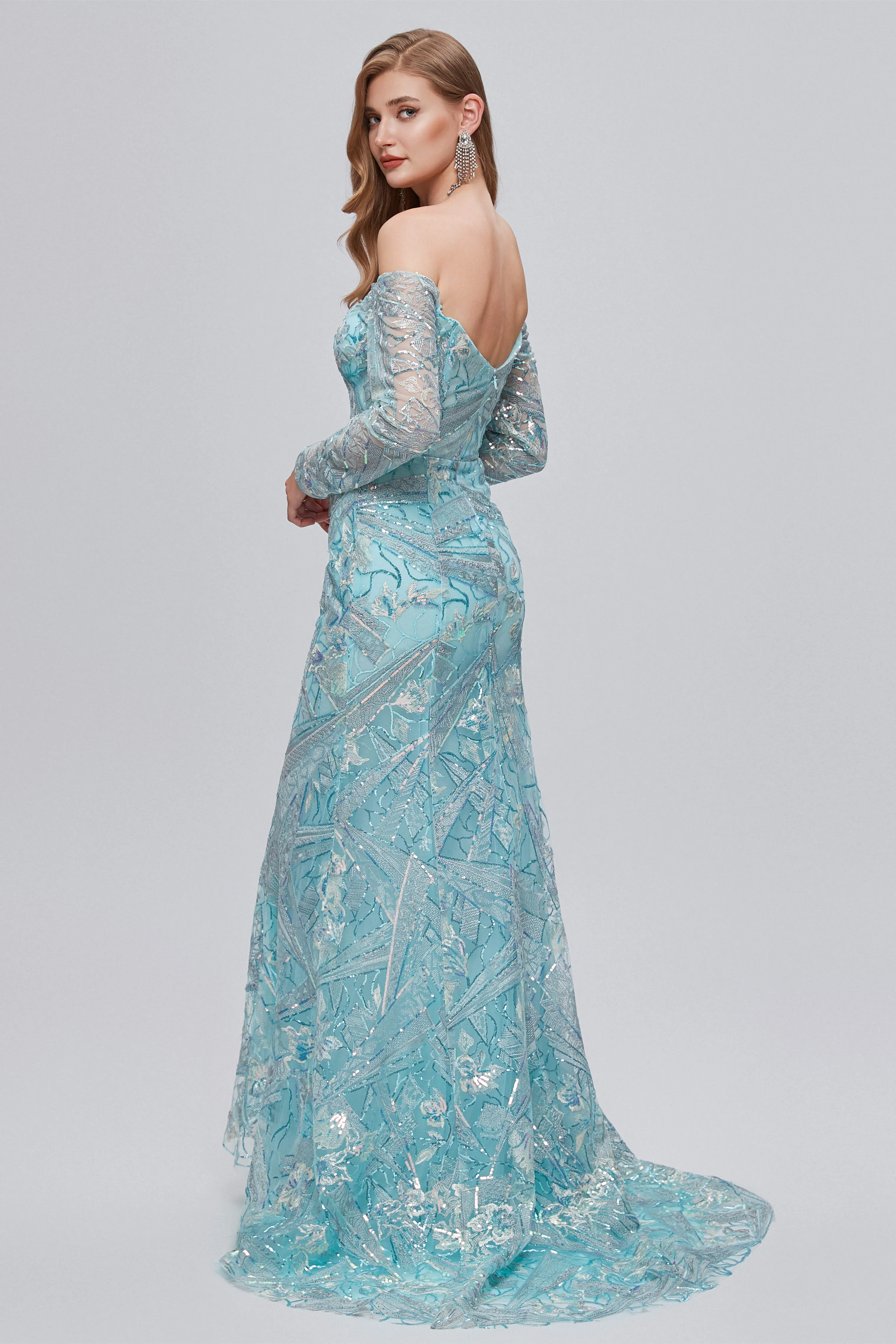 Pastel Blue Sparkly Embroidery Long Sleeve Mermaid Evening Dresses