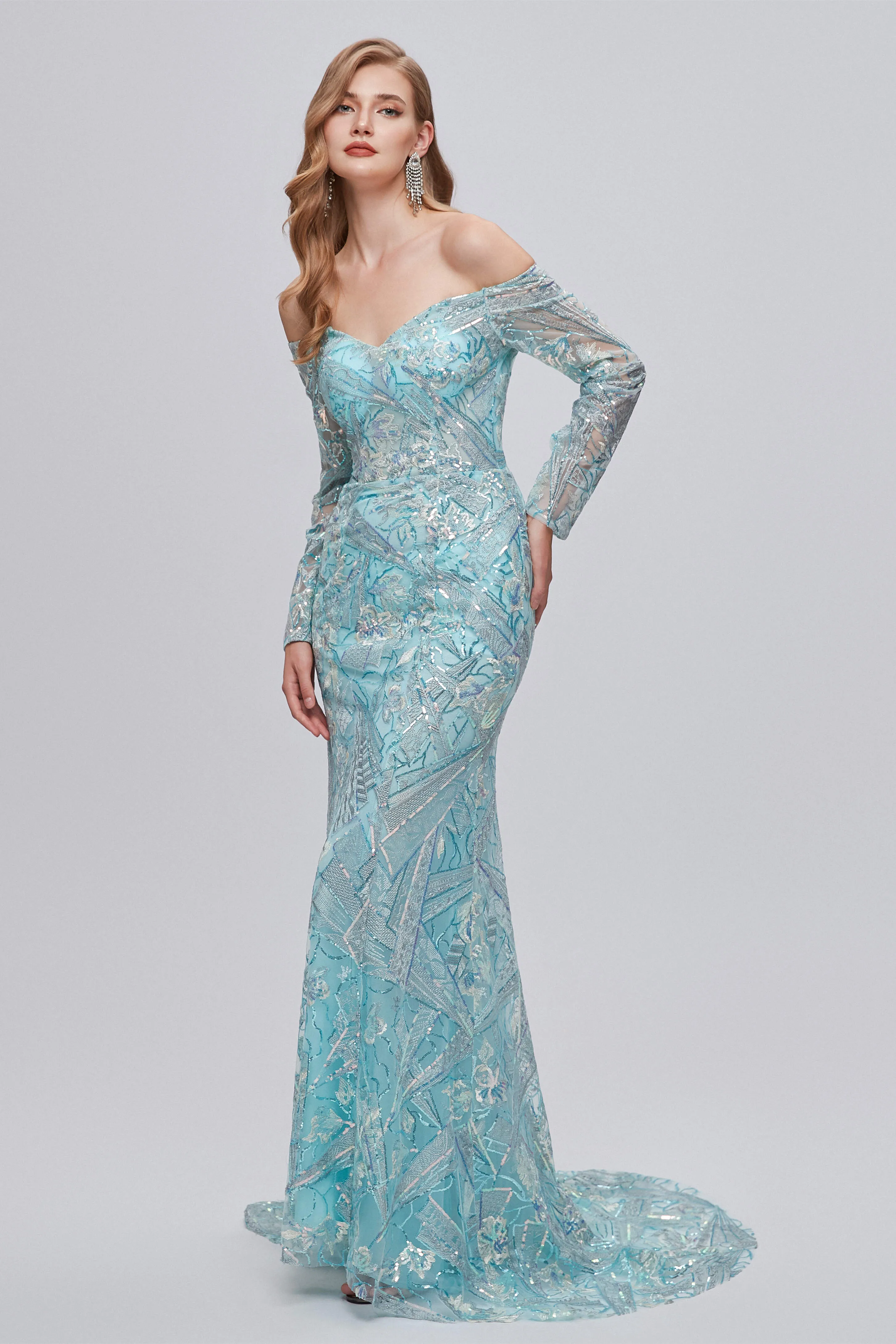 Pastel Blue Sparkly Embroidery Long Sleeve Mermaid Evening Dresses