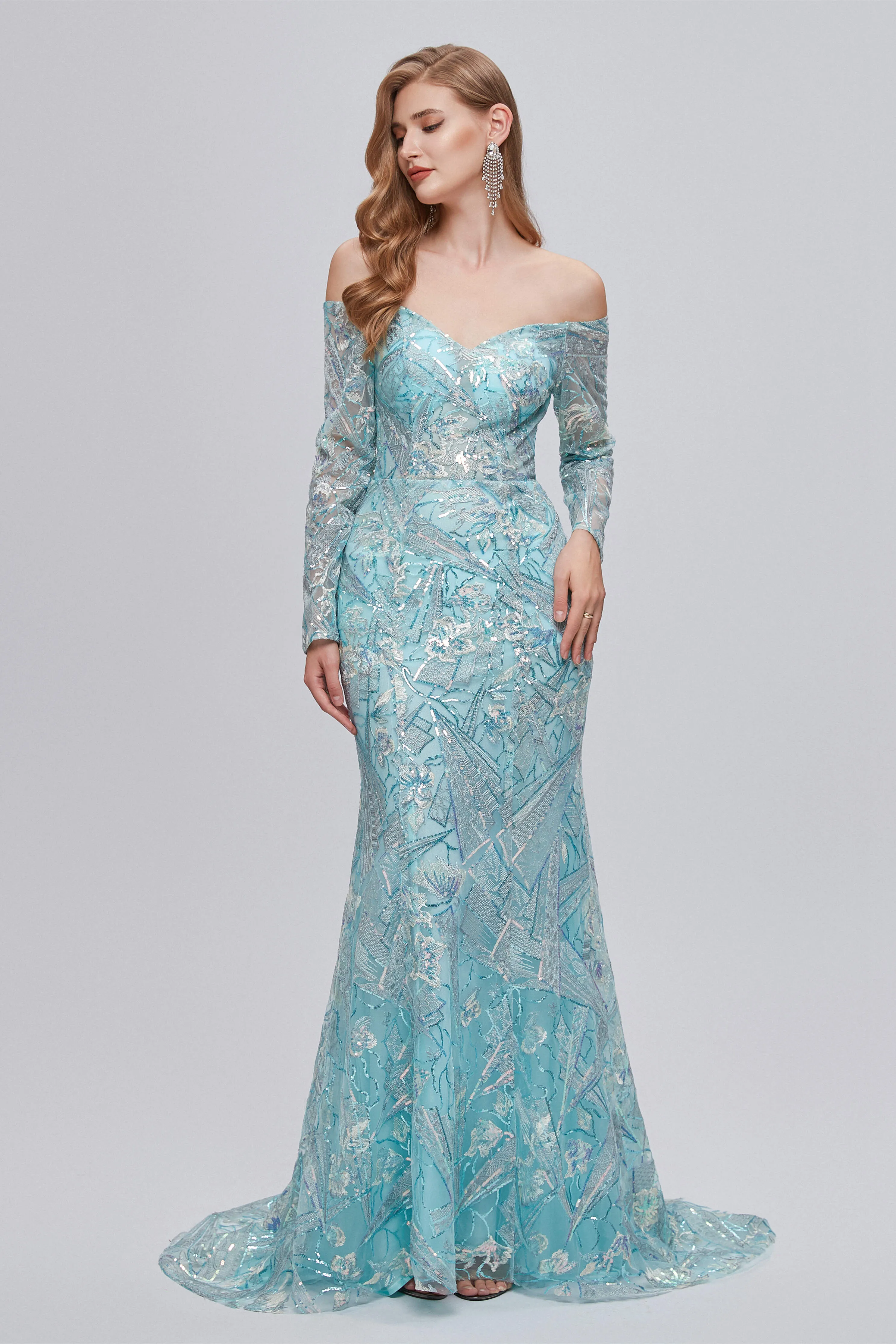 Pastel Blue Sparkly Embroidery Long Sleeve Mermaid Evening Dresses