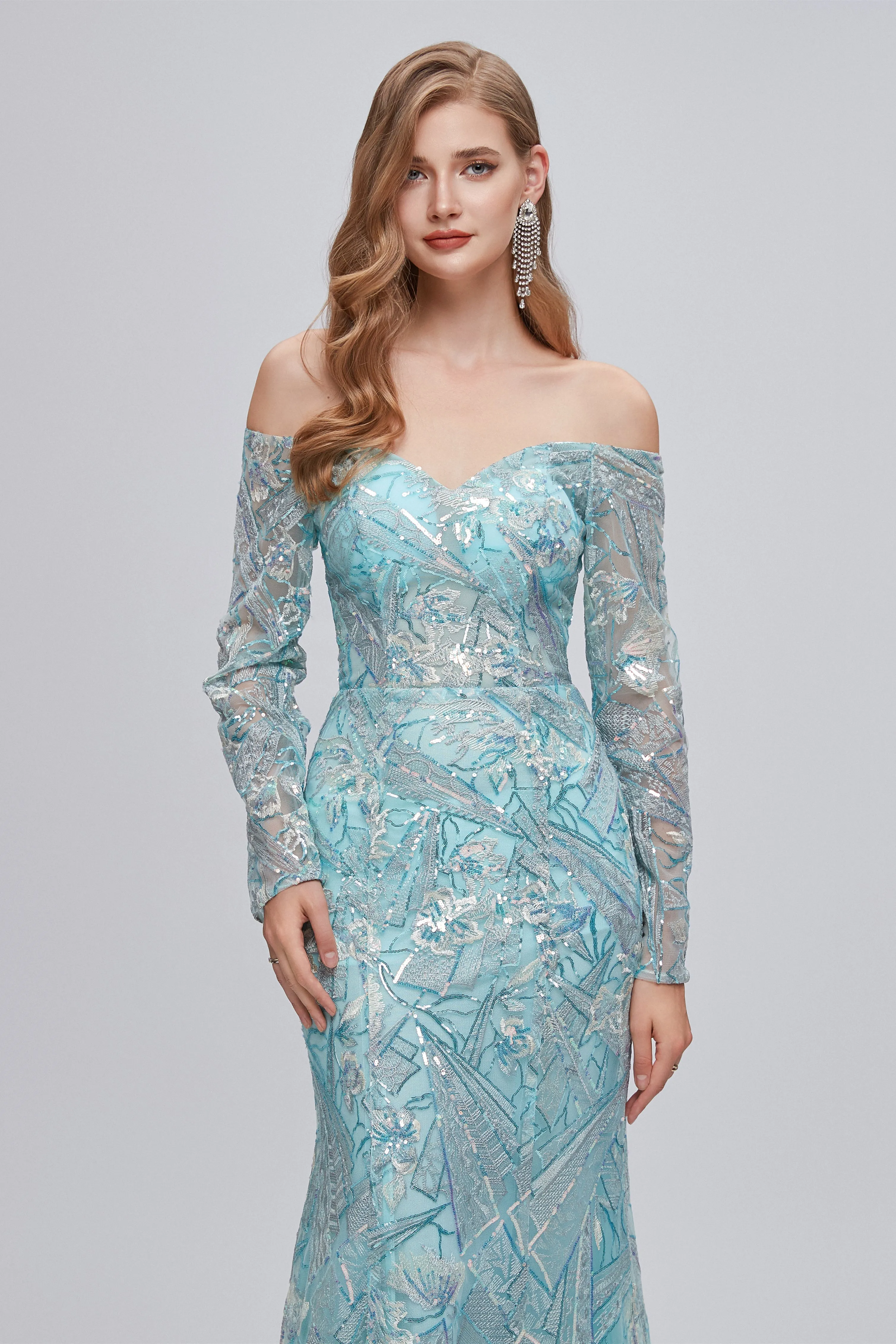 Pastel Blue Sparkly Embroidery Long Sleeve Mermaid Evening Dresses