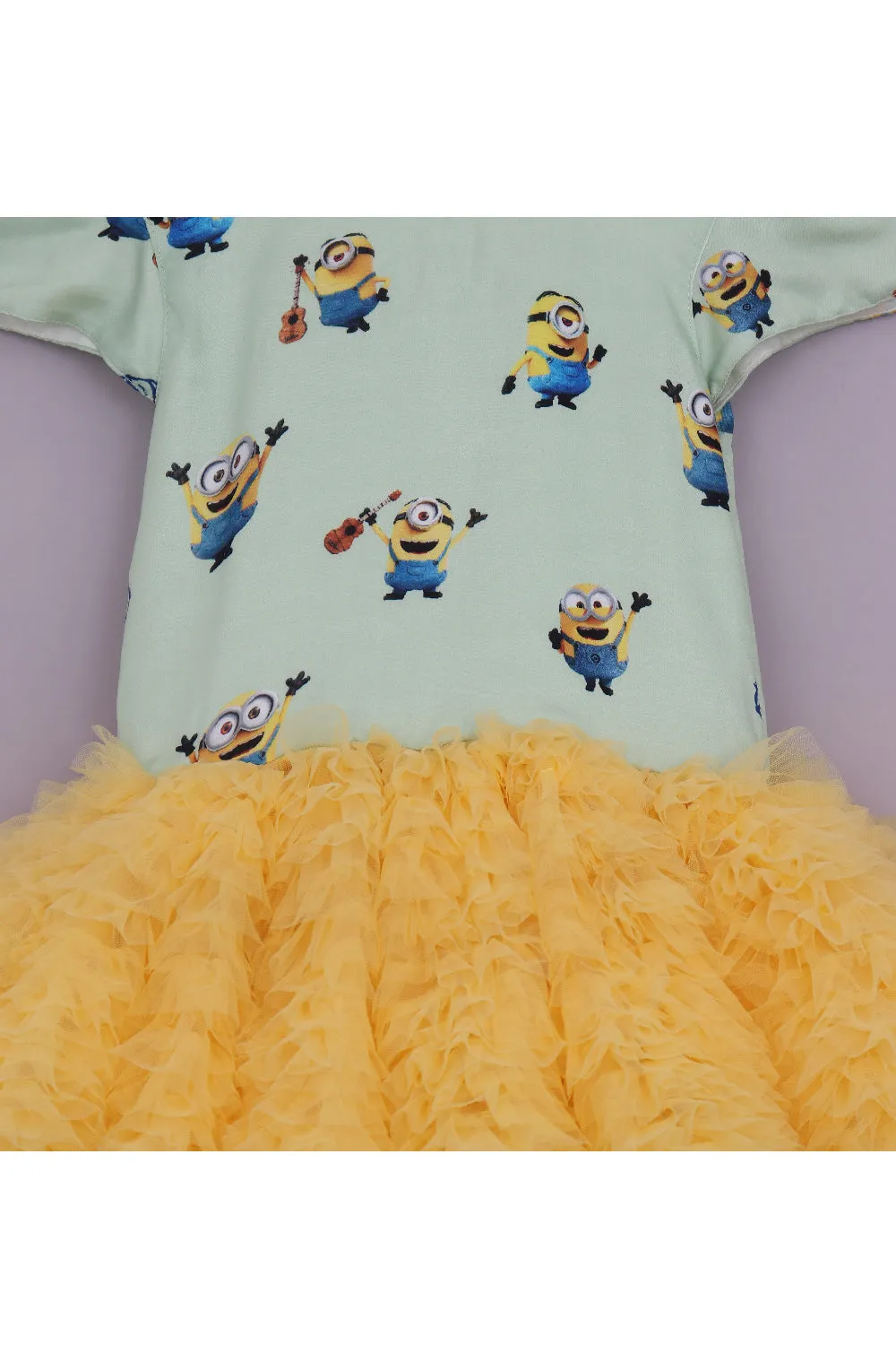 Pastel Green Minions Printed With Yellow Frill Dress