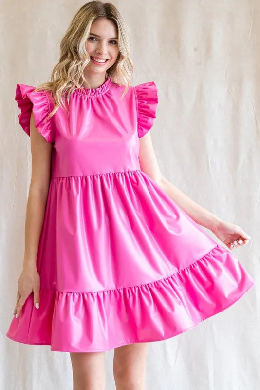 Pink Solid Pleather Ruffled Cap Sleeves Dress