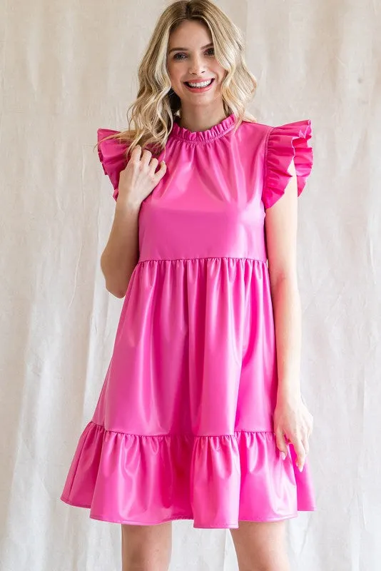 Pink Solid Pleather Ruffled Cap Sleeves Dress